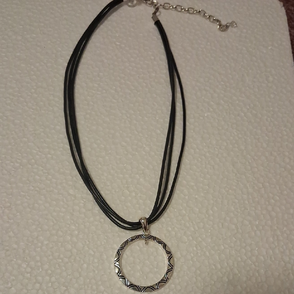 Black Cord Necklace with Silver Circle Pendant